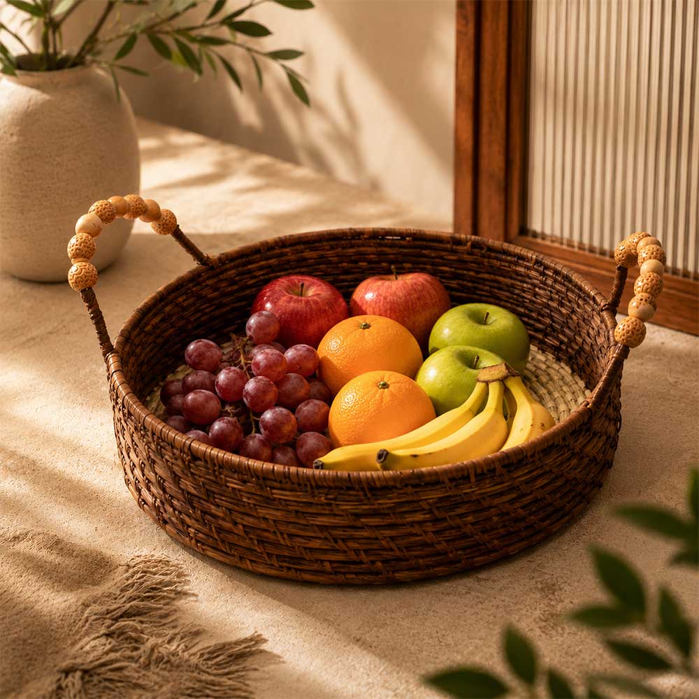 Kashi Grass Handwoven Serving Tray with Beaded Handles