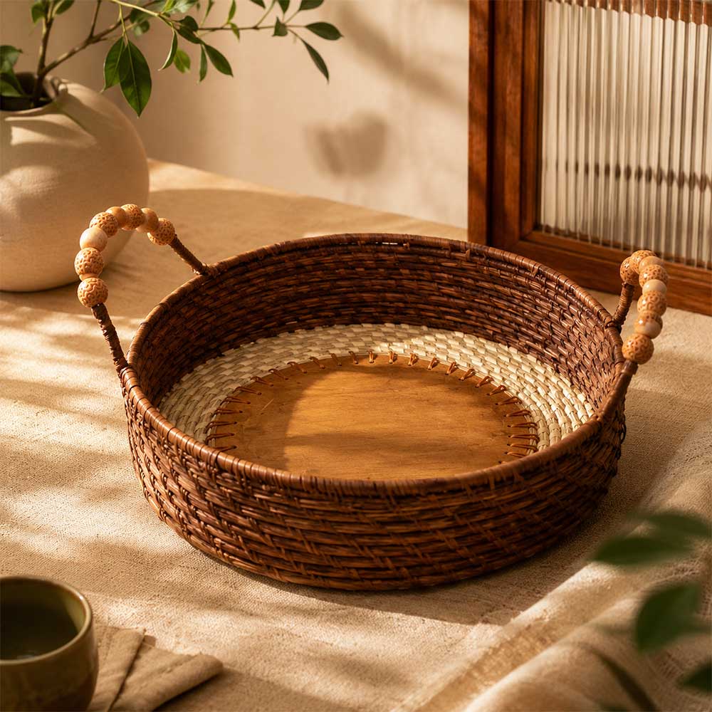 Kashi Grass Handwoven Serving Tray with Beaded Handles