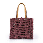 Plum Open Weave Sabai Grass Tote Bag with Leather Handles