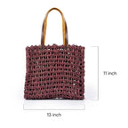 Plum Open Weave Sabai Grass Tote Bag with Leather Handles