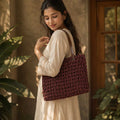 Plum Open Weave Sabai Grass Tote Bag with Leather Handles