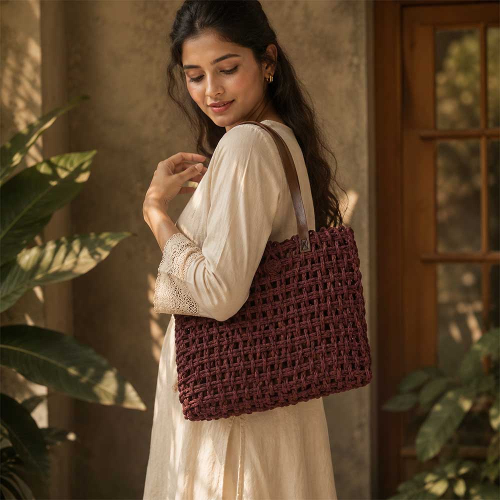 Plum Open Weave Sabai Grass Tote Bag with Leather Handles