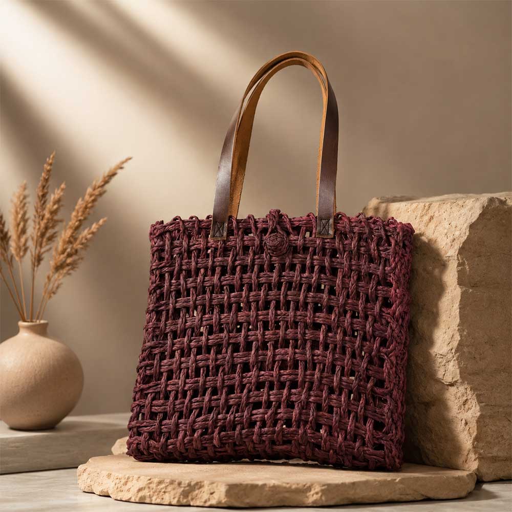 Plum Open Weave Sabai Grass Tote Bag with Leather Handles