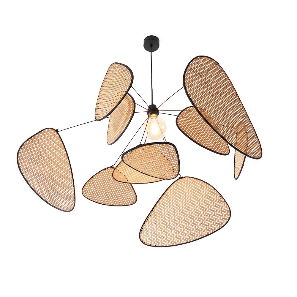 Organic cane rattan petal chandelier with black hardware suspended in front view