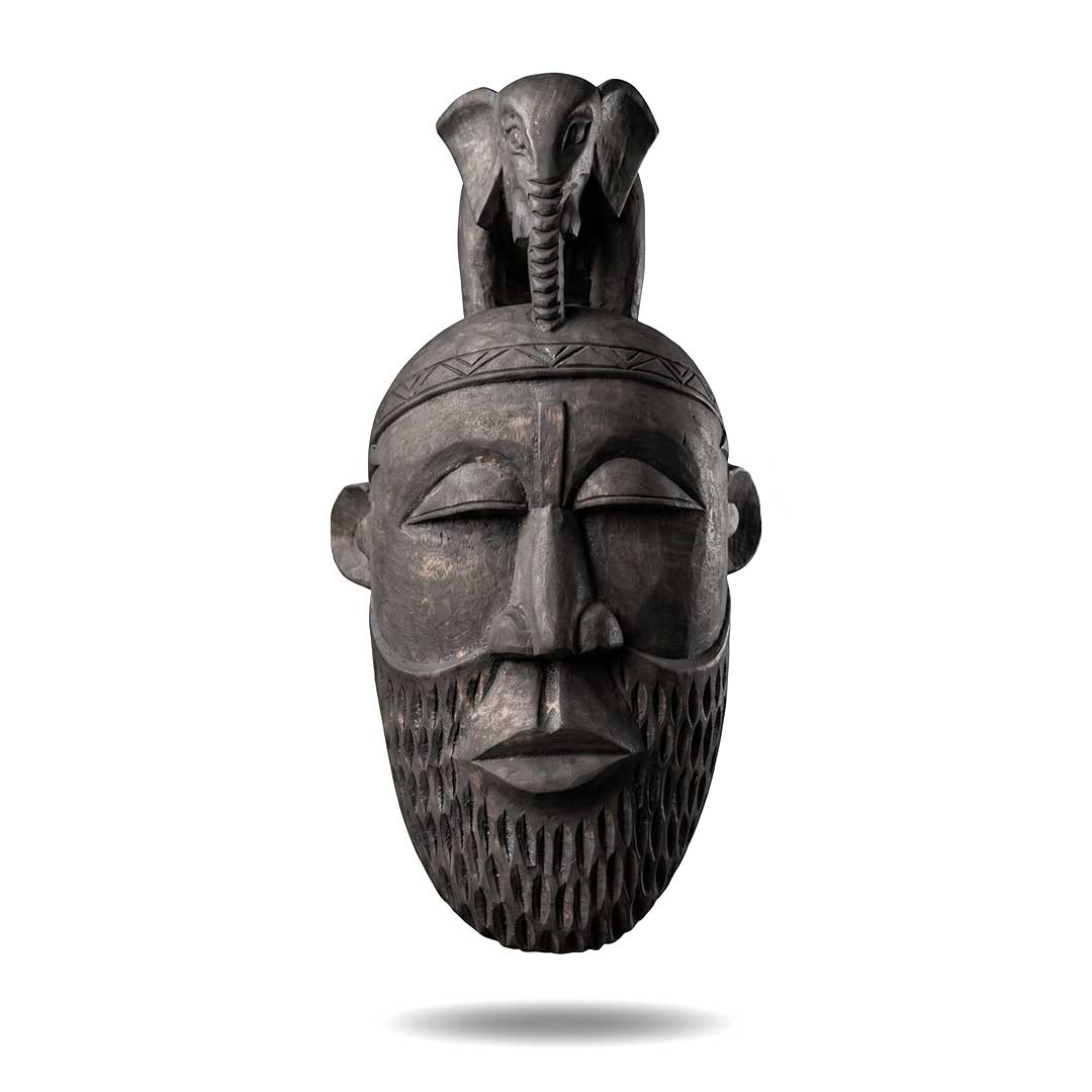 Hand-Carved Gamari Wood Mask with Guardian Elephant Totem