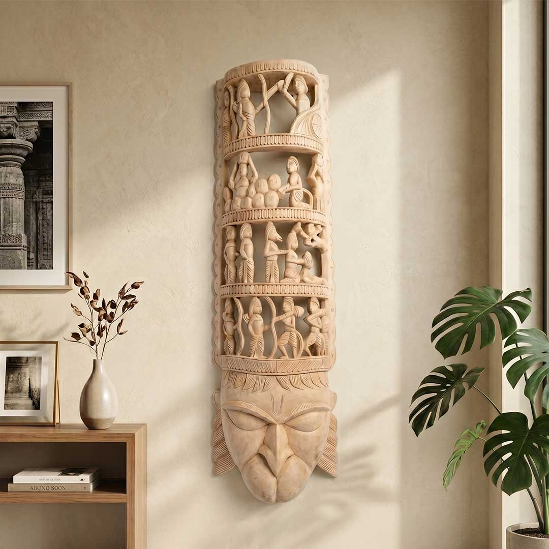 Gamari Wood Narrative Wall Mask with Mythological Carvings