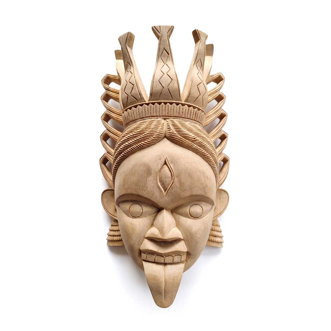 Hand-Carved Gamari Wood Mask with Ajna Eye and Ornate Crown