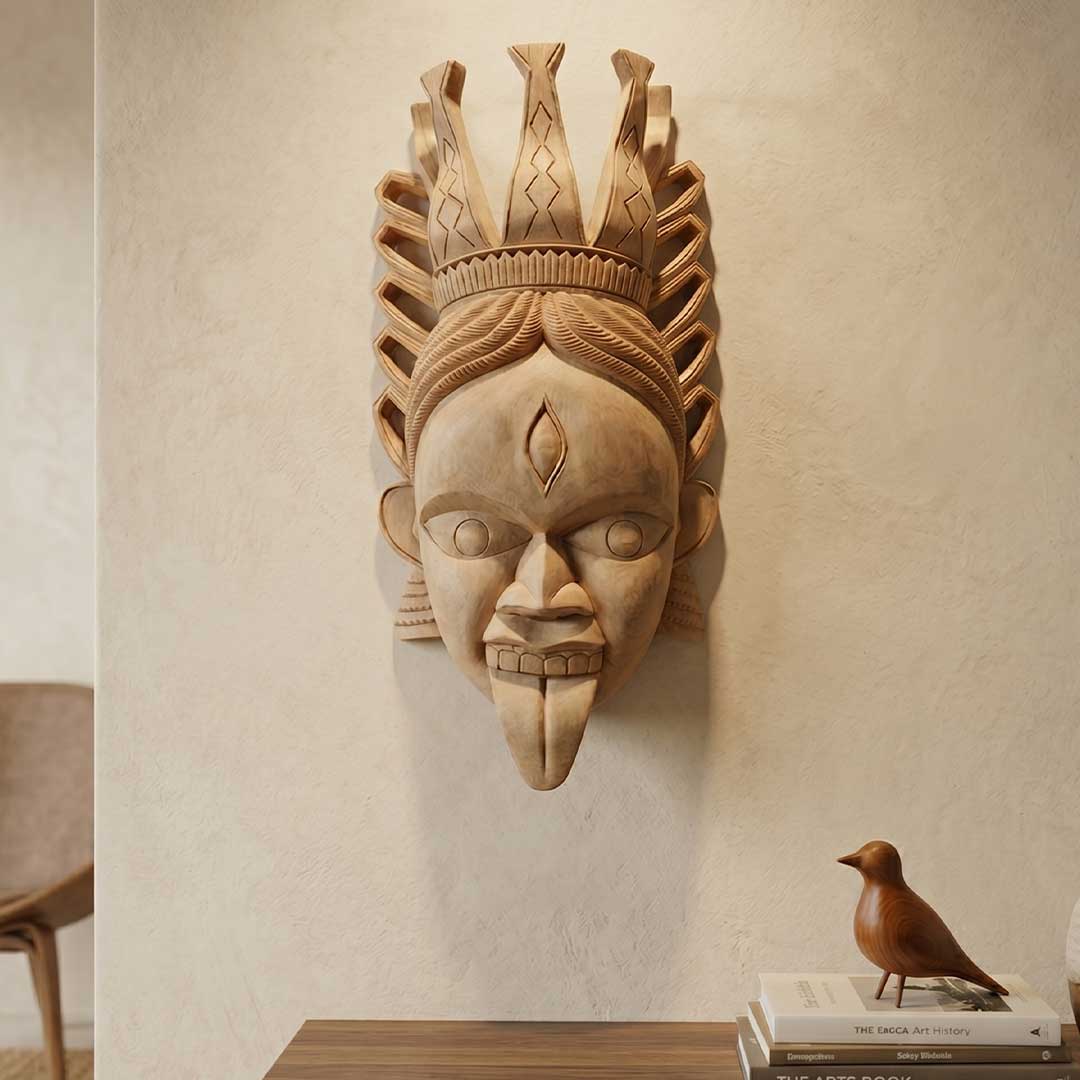 Hand-Carved Gamari Wood Mask with Ajna Eye and Ornate Crown