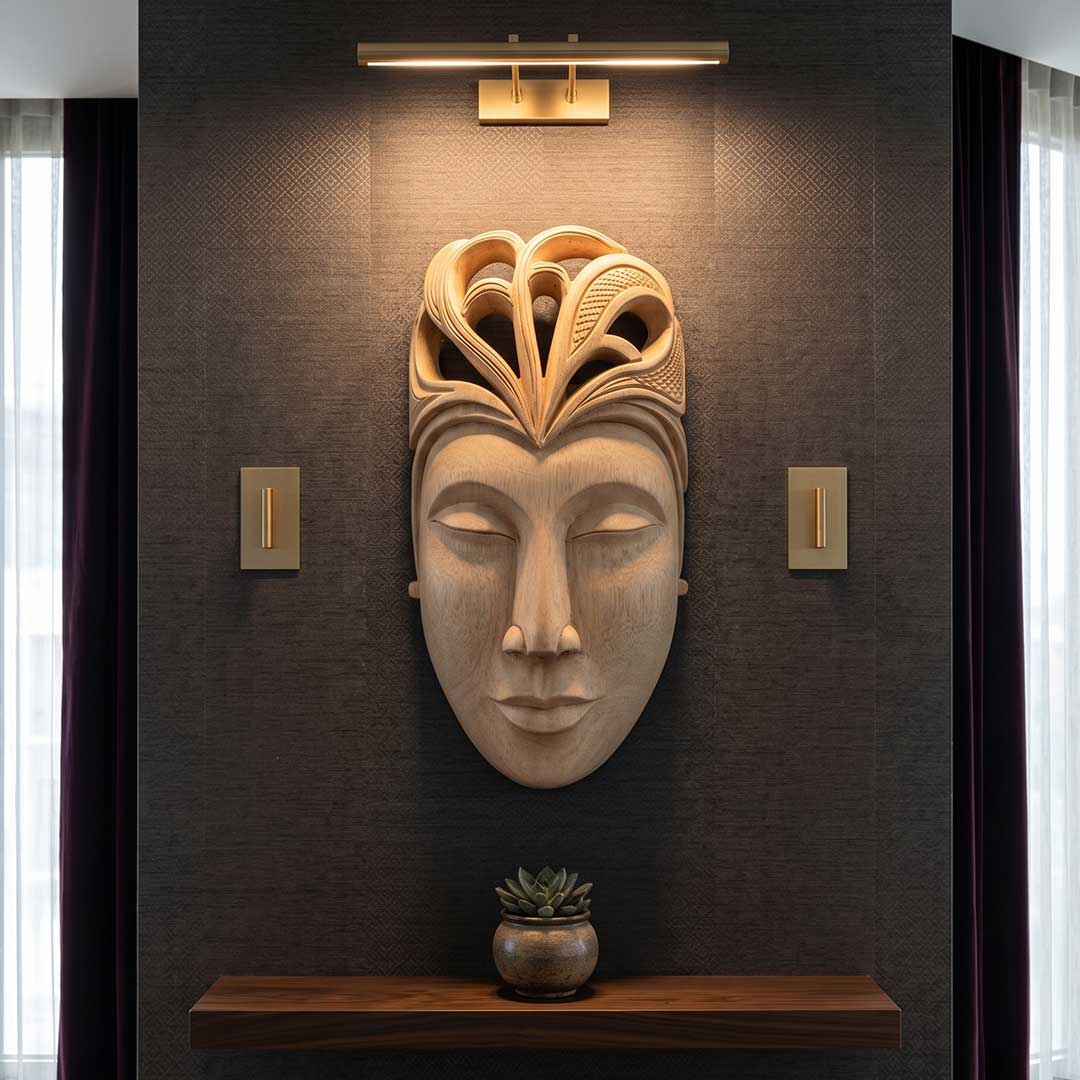 Hand-Carved Gamari Wood Mask with Ornate Scalloped Crest