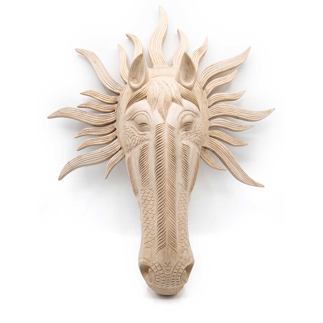 Hand-Carved Gamari Wood Horse Spirit Mask with Radiant Mane
