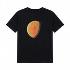 A black short-sleeve T-shirt featuring a unique hand-painted celestial planet design on the front.