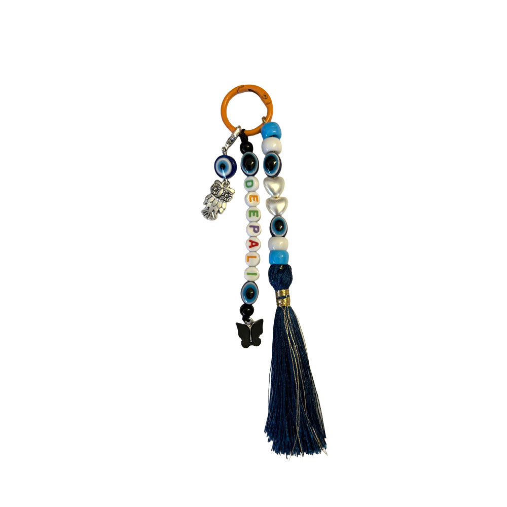 Deepali Custom Evil Eye Bag Charm with Owl & Navy Tassel