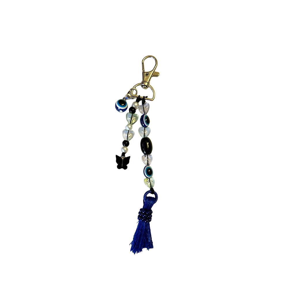 Handmade Evil Eye Tassel Charm with Heart Beads & Butterfly