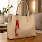 Red Floral and Butterfly Beaded Bag Charm with Gold Accents