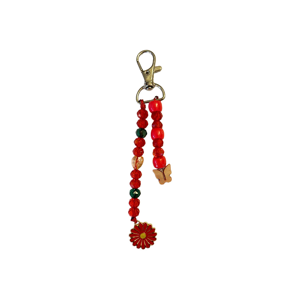 Red Floral and Butterfly Beaded Bag Charm with Gold Accents