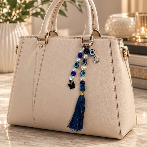 Blue Evil Eye Handbag Charm with Tassel and Silver Accents