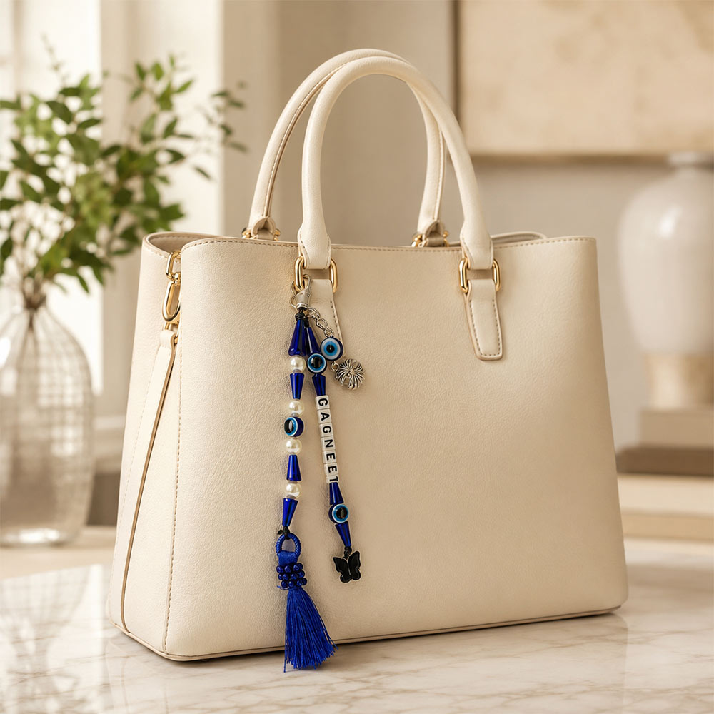 Custom Evil Eye Bag Charm with Pearls and Blue Tassel