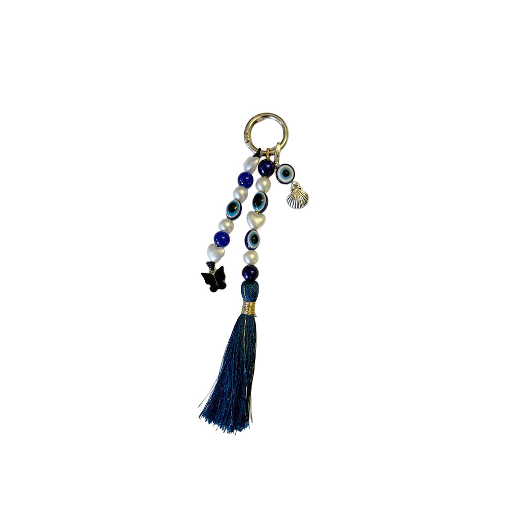 Blue Evil Eye Handbag Charm with Tassel and Silver Accents