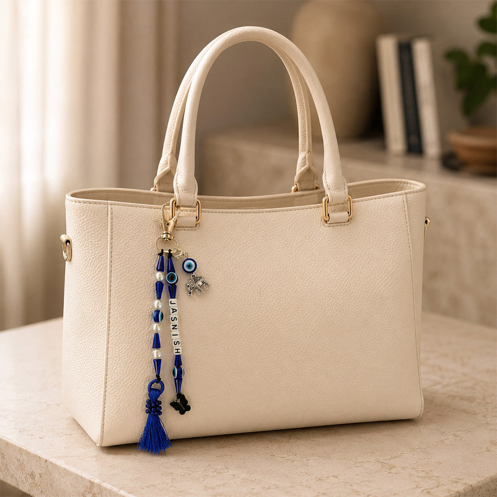 Personalized Evil Eye Bag Charm with Elephant & Blue Tassel