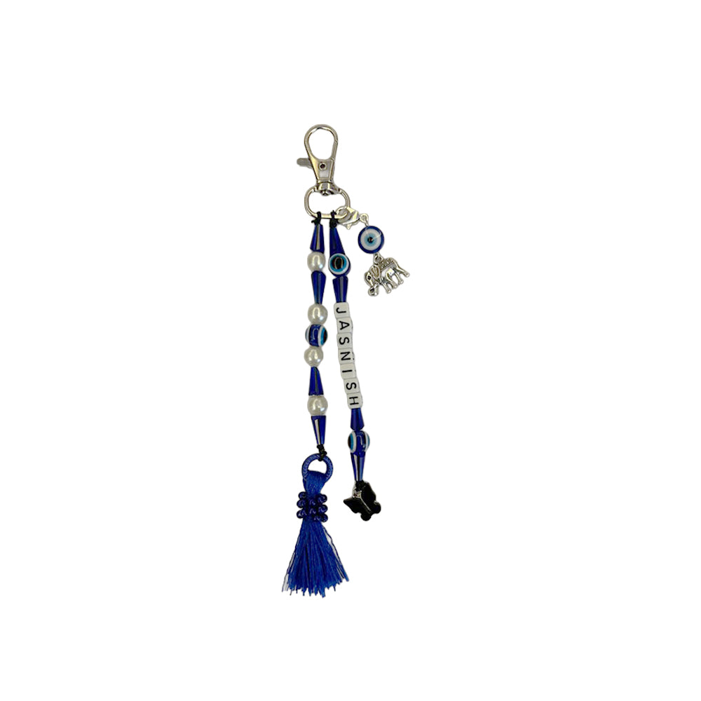 Personalized Evil Eye Bag Charm with Elephant & Blue Tassel