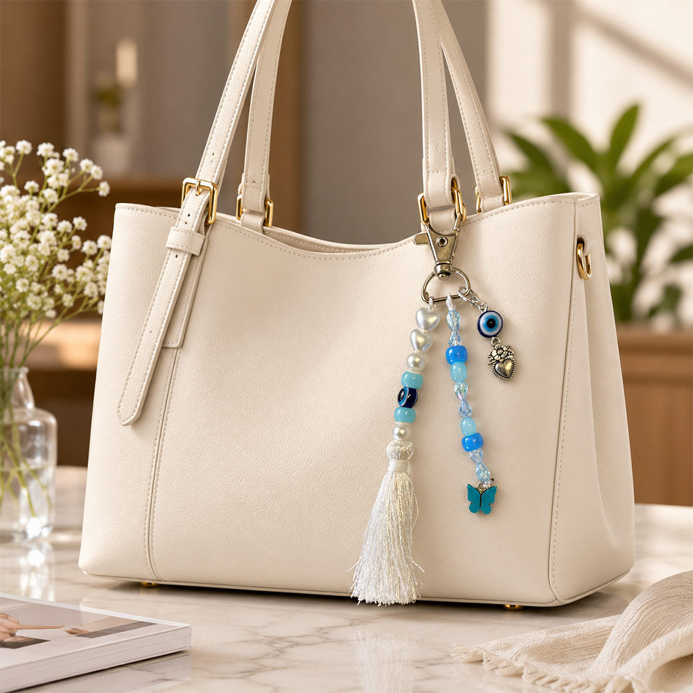 Butterfly and Evil Eye Beaded Bag Charm with Silk Tassel