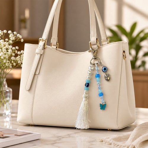 Butterfly and Evil Eye Beaded Bag Charm with Silk Tassel