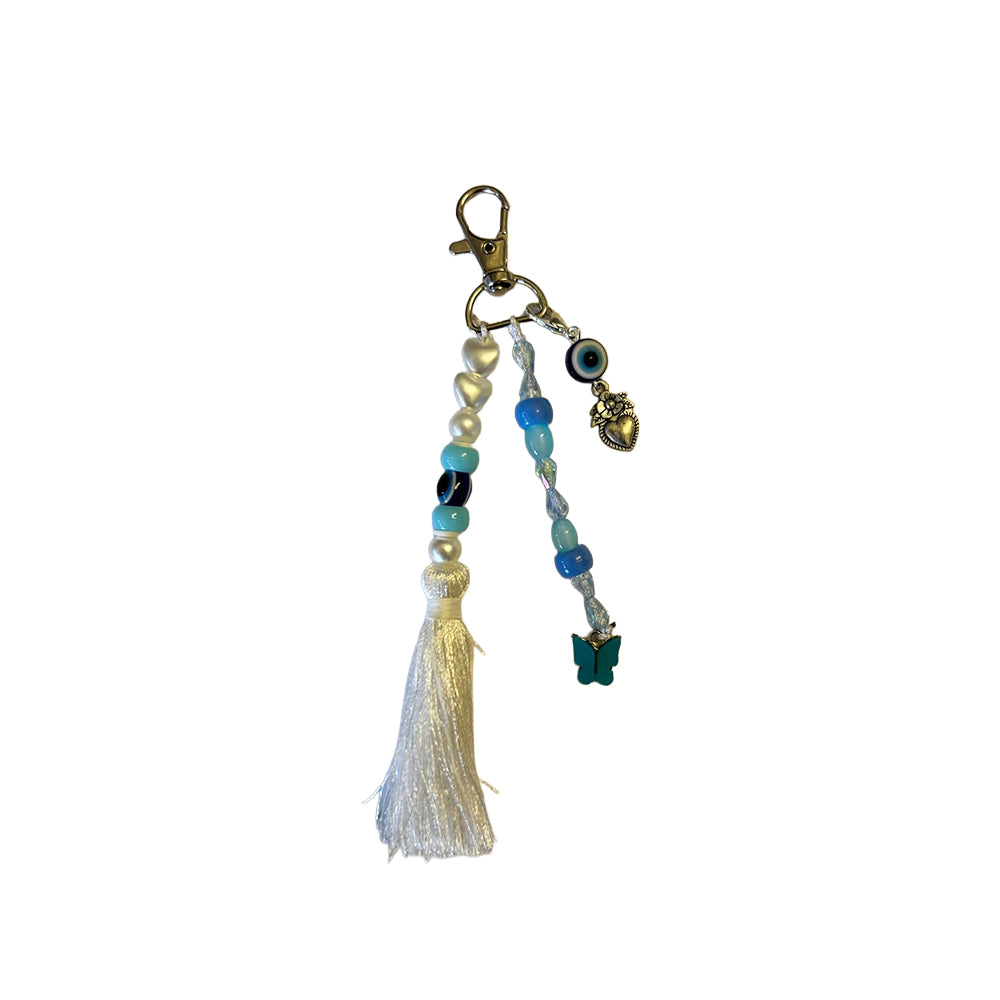 Butterfly and Evil Eye Beaded Bag Charm with Silk Tassel