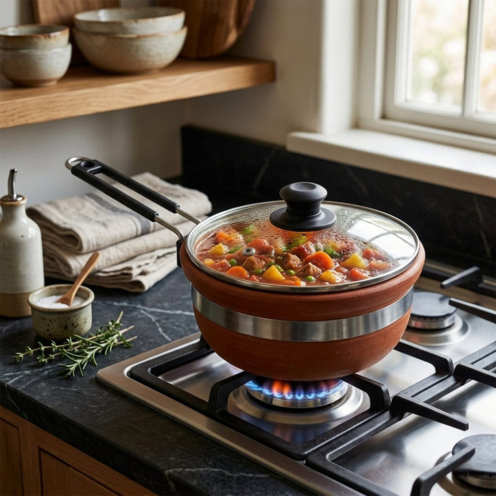 Pokhran Terracotta Saucepan with Glass Lid and Handle