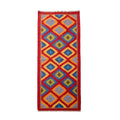 Colorful patterned rug with geometric design on a white background