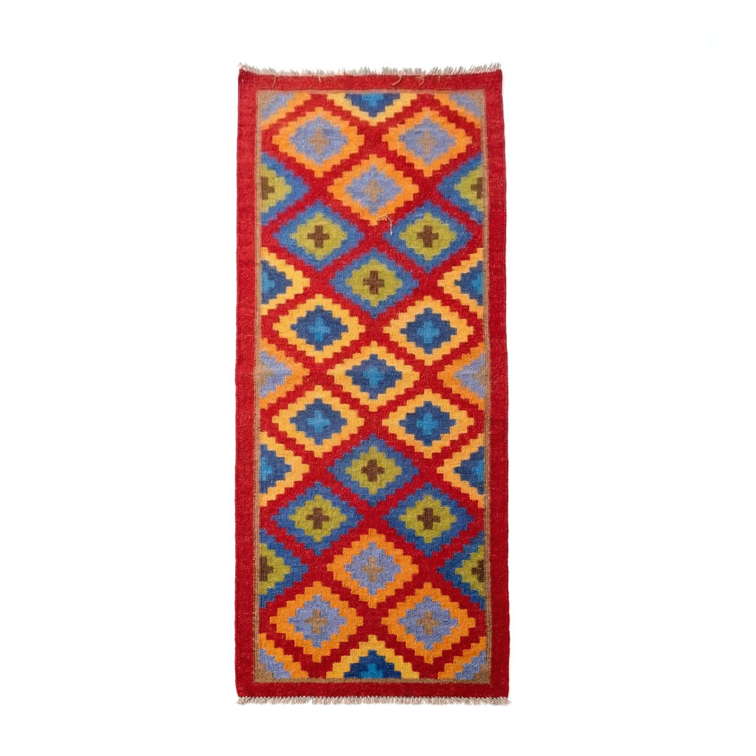 Colorful patterned rug with geometric design on a white background