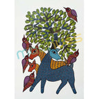 Gond Art: Deer and Birds Tribal Painting on Paper