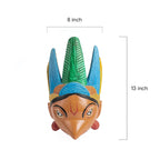 Colorful mask with feather headdress and measurements on a white background