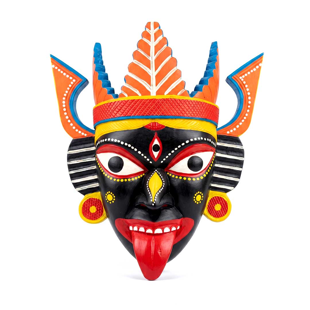Traditional Gamari Wood Goddess Mask with Vibrant Headdress