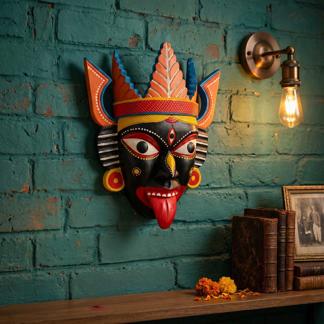Traditional Gamari Wood Goddess Mask with Vibrant Headdress