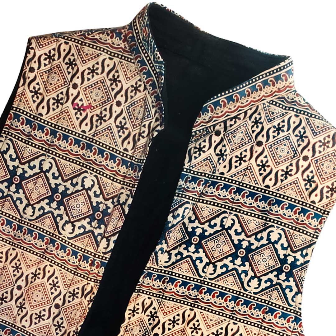 Handmade Ajrakh Block Print Reversible Quilted Cotton Vest