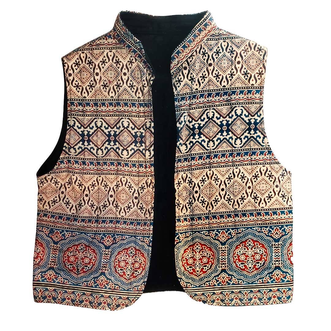 Handmade Ajrakh Block Print Reversible Quilted Cotton Vest
