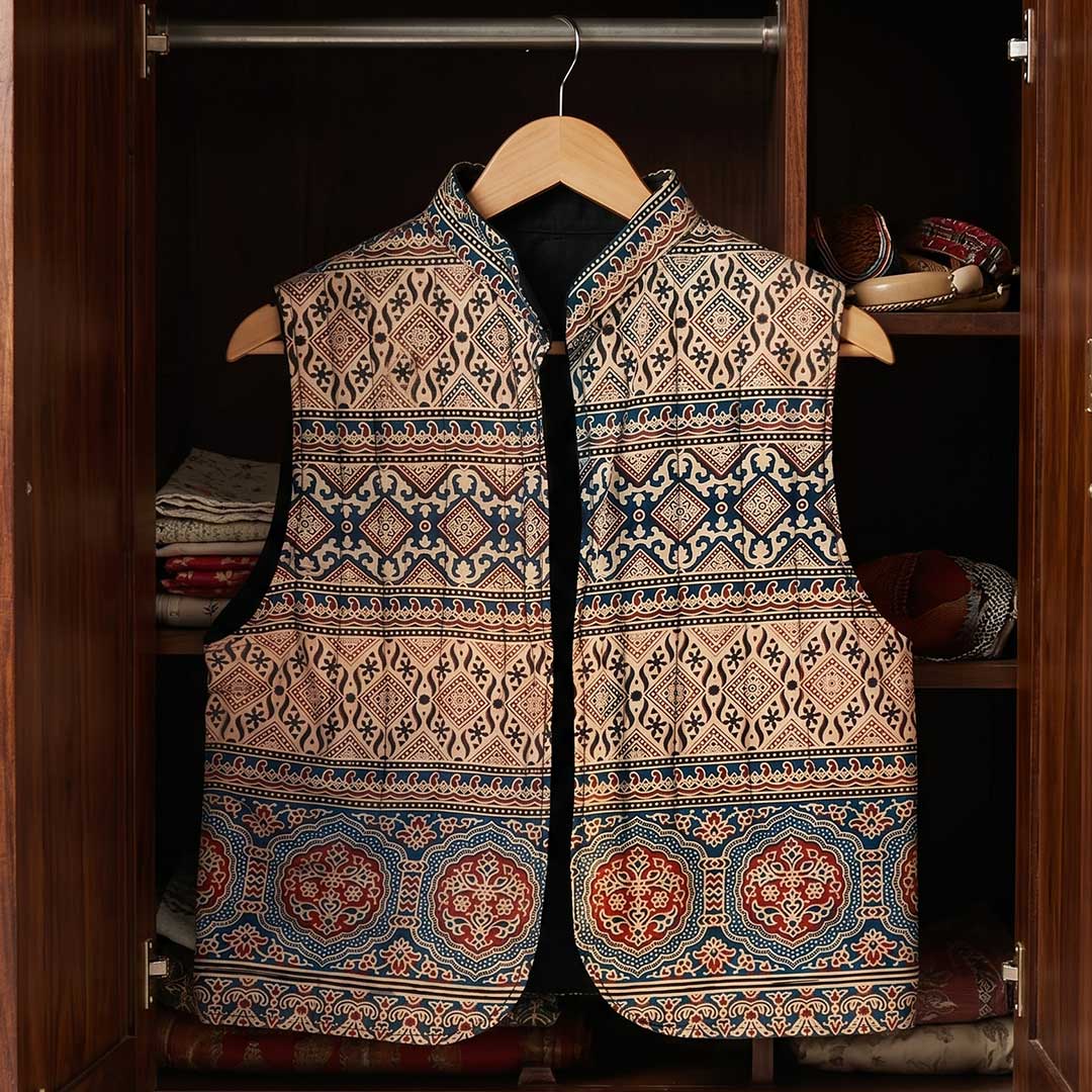 Handmade Ajrakh Block Print Reversible Quilted Cotton Vest