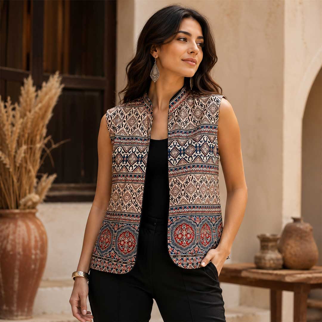 Handmade Ajrakh Block Print Reversible Quilted Cotton Vest