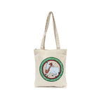 Beige tote bag with a circular design featuring a horse on a white background