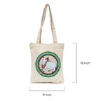 Beige tote bag with a circular design featuring a zebra and giraffe, measurements indicated.