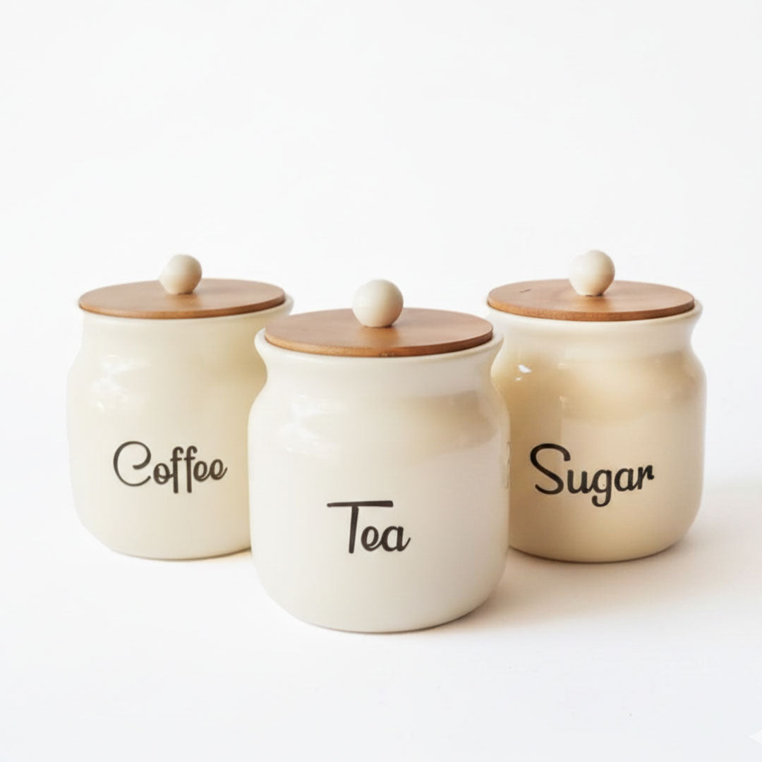 Ceramic Coffee Tea Sugar Canister Set with Wooden Lids