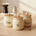 Ceramic Coffee Tea Sugar Canister Set with Wooden Lids