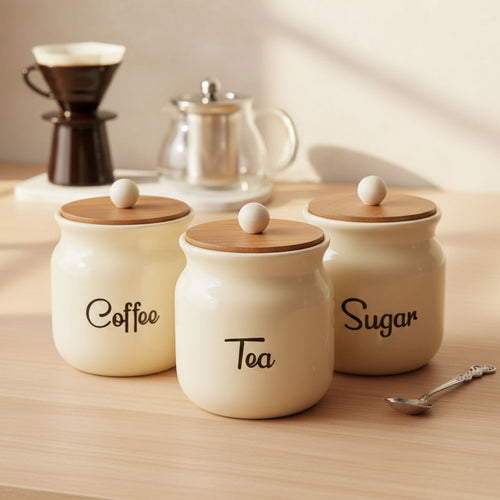 Ceramic Coffee Tea Sugar Canister Set with Wooden Lids
