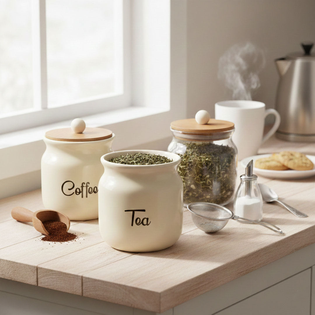 Ceramic Coffee Tea Sugar Canister Set with Wooden Lids