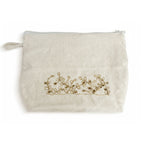 Gota Patti-Embroidered Cream Travel Pouch - Gold Vine Pattern