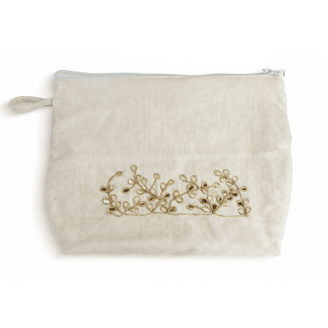 Gota Patti-Embroidered Cream Travel Pouch - Gold Vine Pattern