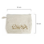 Gota Patti-Embroidered Cream Travel Pouch - Gold Vine Pattern