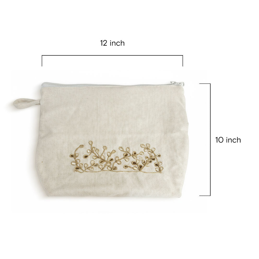 Gota Patti-Embroidered Cream Travel Pouch - Gold Vine Pattern