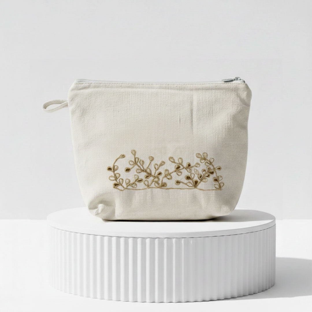 Gota Patti-Embroidered Cream Travel Pouch - Gold Vine Pattern