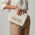Gota Patti-Embroidered Cream Travel Pouch - Gold Vine Pattern